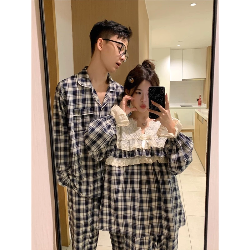 [SẴN] BN168_ Bộ ngủ đôi, bộ pijama cặp đôi nam nữ dài tay kẻ đen phong cách Hàn Quốc | Hàng Quảng Châu cao cấp