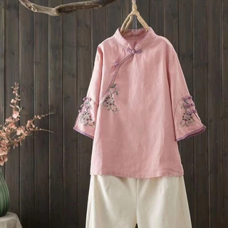 Sườn Xám Cách Tân Vải Lanh Cotton Thêu Họa Tiết Phong Cách Trung Hoa