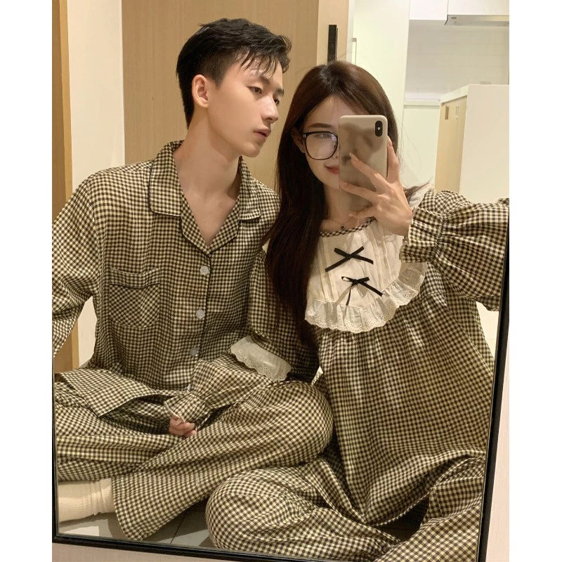 BN126_ Bộ ngủ đôi, bộ đồ pijama nam nữ cotton dài tay kẻ caro | Hàng quảng châu cao cấp