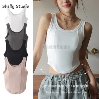 Áo tank top Một Mảnh Có Mút Đệm Ngực Màu Trắng Trơn Vải cotton Thời Trang Mùa Hè