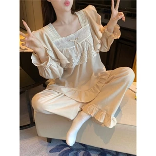 BN202_ 02_Bộ ngủ nữ, pijama dài tay cotton màu be cổ vuông ren bèo | Hàng quảng châu cao cấp