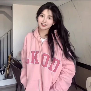 áo hoodie nữ Bigsize70kg áo hoodie zip Hàn Quốc thời trang Áo khoác nỉ hồng trẻ trung vải cotton
