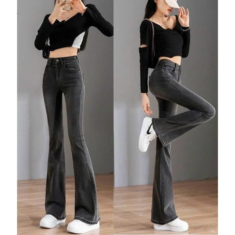 Quần jeans xám ống loe lưng cao chất co giãn phong cách Hàn Quốc