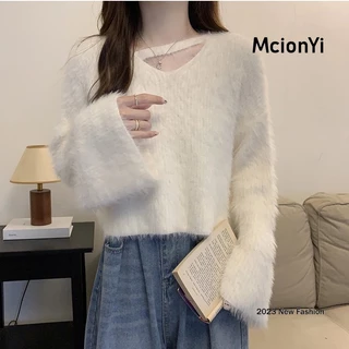 Mcionyi Áo sweater Dệt Kim Tay Dài Dáng Rộng Ngắn Thời Trang 2024 Cho Nữ