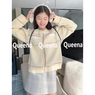 Queena Áo Len áo khoác cardigan Dễ thương hàn quốc INS xu hướng WMY23B02ZN 44Z231103