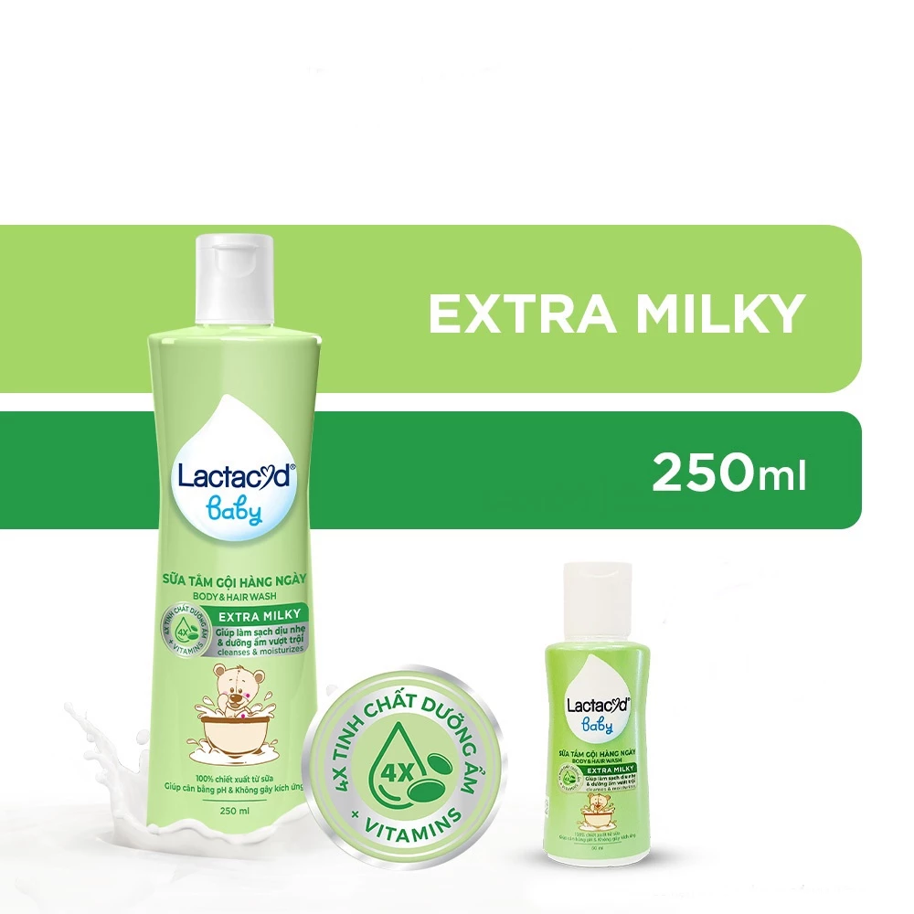 Sữa Tắm Gội Trẻ Em Lactacyd Baby Extra milky Bảo Vệ, Nuôi Dưỡng Da và Tóc Bé Vượt Trội 250ml