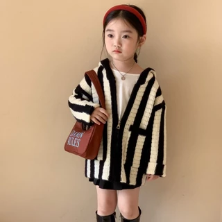 Áo Sweater Có Mũ Họa Tiết Kẻ Sọc Trắng Đen Thời Trang Mùa Thu Phong Cách Hàn Quốc Cho Bé Gái