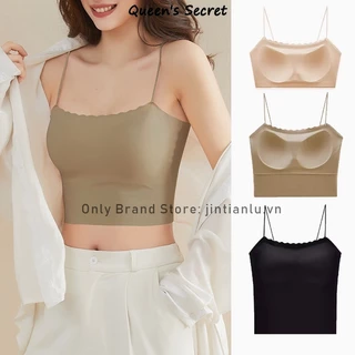 [Queen's Secret] Áo crop top Ba Chiều Dài Bằng Lụa Lạnh Mỏng Có Đệm Ngực Lưng Đẹp Cơ Bản Cố Định Bên Ngoài Mùa Hè