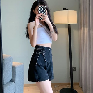 Quần Short Denim Ống Rộng Lưng Cao Viền Chữ A