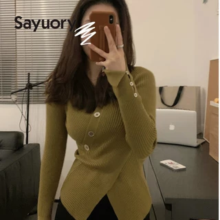 Sayuory Áo sweater Dệt Kim Tay Dài Cổ Đan Chéo Thời Trang  v Cho Nữ