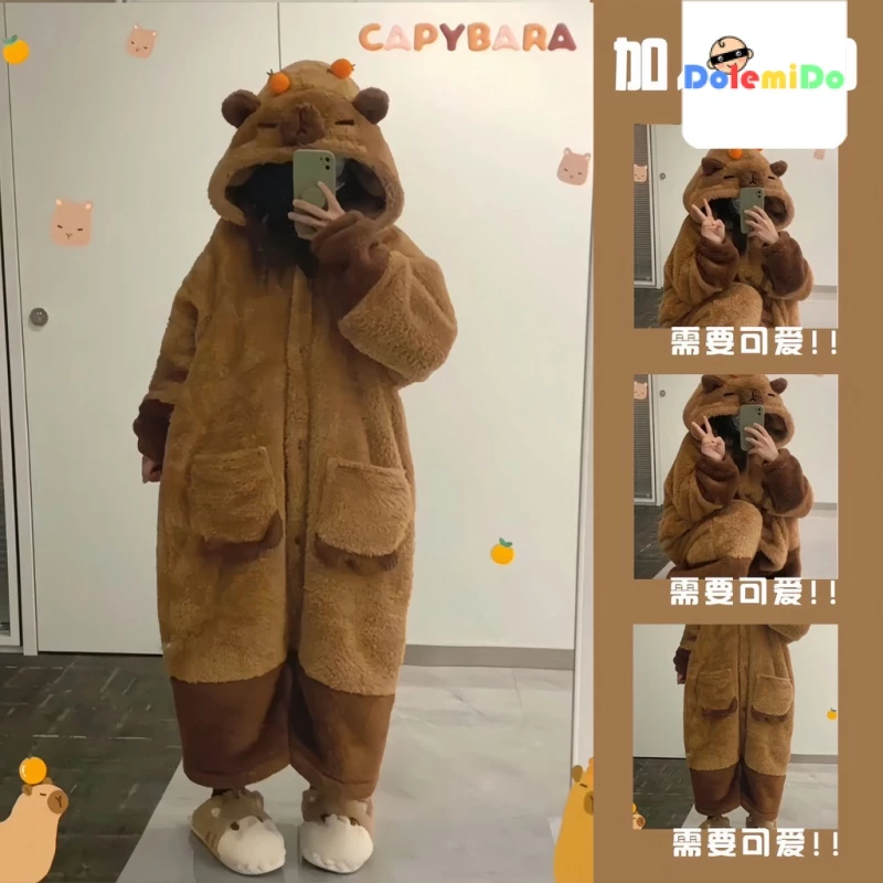 Hàng Có Sẵn Bộ Đồ Ngủ Pijama Lót Lông Cừu San Hô Dày Dặn Phong Cách Kappa capybara jun Mùa Thu Đông Mới Cho Nữ