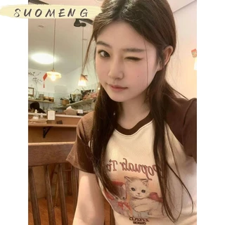 SUOMENG Áo croptop áo thun baby tee nữ âu mỹ chất cạp cao Cổ tay ngắn in họa tiết vintage JU2751