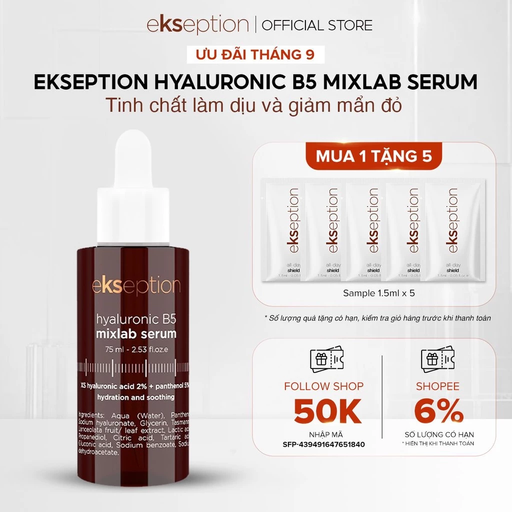 Serum Ekseption Hyaluronic B5, HA + 5% B5 dưỡng ẩm phục hồi da 75ml