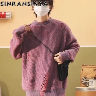 Sinransinya Áo sweater Dệt Kim Tay Dài Dáng Rộng Phong Cách hip hop Đường Phố Mỹ Cổ Điển Sang Trọng Thời Trang Cho Cặp Đôi