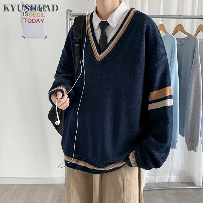 Kyushuad Áo sweater Dệt Kim Cổ Chữ v Màu Khối Đơn Giản Phong Cách retro Nhật Hàn Cho Nam Giới
