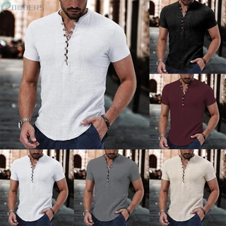 Mens T-Shirt Loose Male Short Sleeve Solid Color Sports V-neck Button-Down