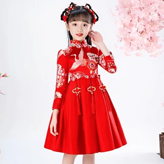 Đầm Công Chúa Màu Đỏ Phong Cách Trung Hoa Năm Mới Cho Bé Gái
