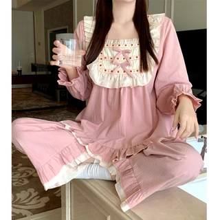[SẴN] BN192_ Bộ ngủ nữ, bộ pijama dài tay cổ nơ màu hồng cotton phong cách Hàn Quốc | Hàng Quảng Châu cao cấp