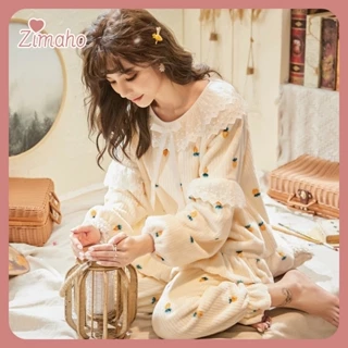 ZIMAHO❤ Bộ Đồ Ngủ Lông Cừu San Hô Dày Dặn Cổ Tròn Phối Ren Thời Trang Thu Đông Cho Nữ