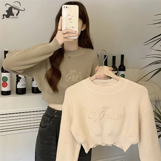 Áo sweater Dệt Kim Tay Dài Dáng Rộng Cổ Tròn Thêu Chữ Thời Trang Mùa Thu Cho Nữ