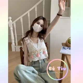 Áo Đan Móc Dệt Kim Cổ Xẻ V Croptop Ren Sát Nách Đính Bông Lông Xinh Xắn Phong Cách Boho Nữ Tính | Bé Tiu Clothing