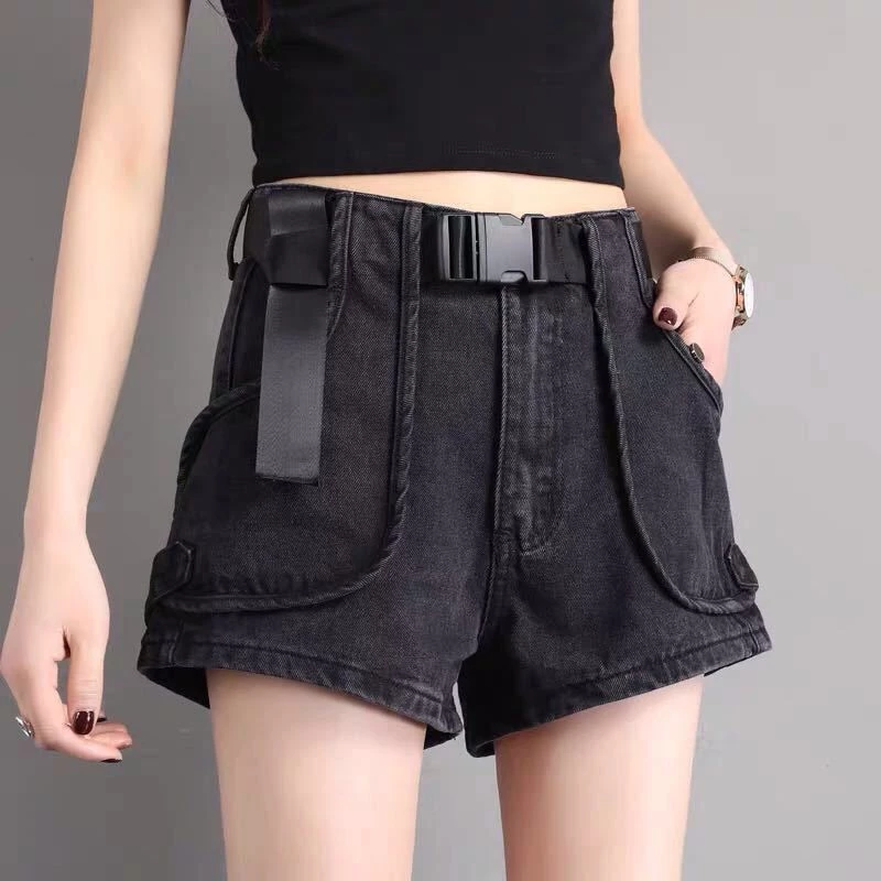 Luo Quần Short denim Đen Lưng Cao Dáng Chữ a Phong Cách retro hong kong Cho Nữ