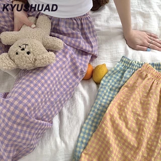 Kyushuad Bộ Đồ Ngủ Pijama Lưng Cao Dáng Rộng Ôm Dáng Họa Tiết Kẻ Sọc Giản Dị Vừa Vặn Cho Nữ