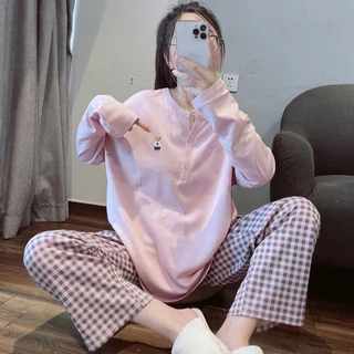 Bộ Đồ Ngủ Pijama Tay Dài / Quần Dài Dáng Rộng Họa Tiết Caro Thời Trang Xuân Thu / Đông Thoải Mái Cho Nữ