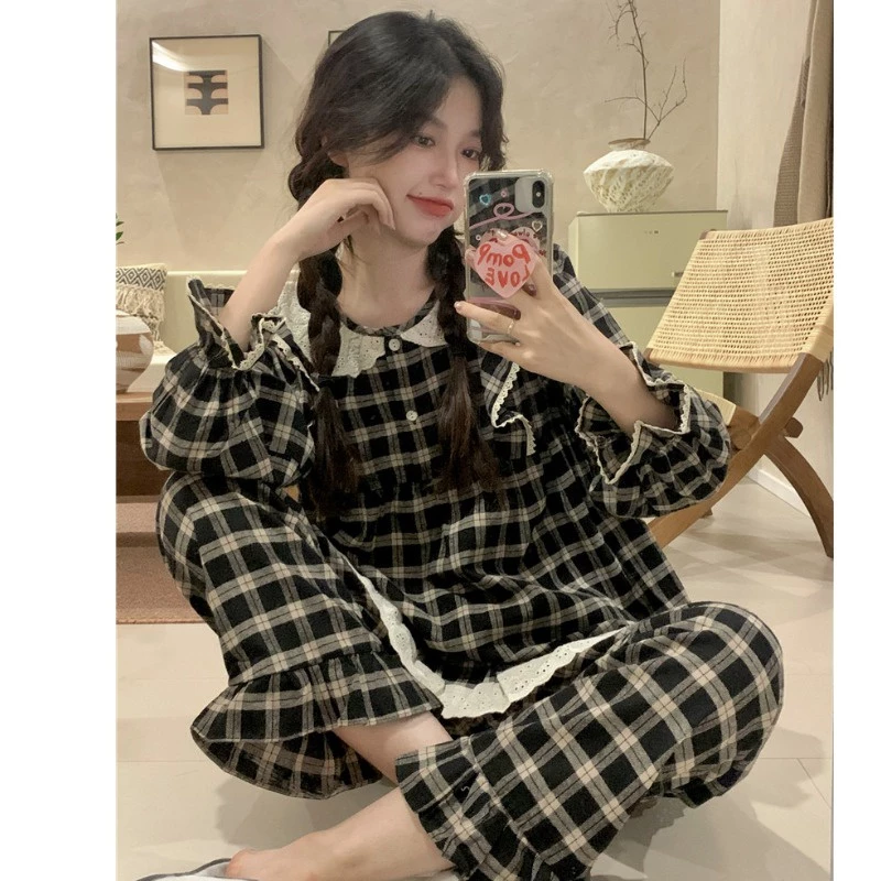 [Sẵn] BN121_ Bộ ngủ nữ, bộ đồ pijama  cotton dài tay kẻ caro trắng đen cổ tròn ren  | Hàng quảng châu cao cấp