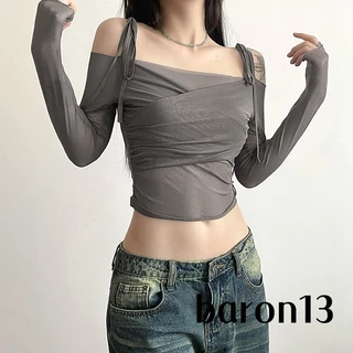 Xo8k-áo crop Top Nữ Tay Dài Màu Trơn Buộc Dây Trễ Vai Ôm Dáng Phong Cách Đường Phố