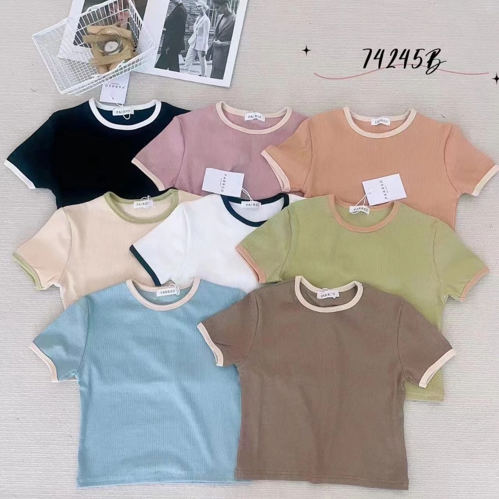 Áo thun tăm croptop nữ tay ngắn cổ tròn trơn basic đơn giản hàng Quảng Châu chất cotton, áo phông baby tee hè 74245 5