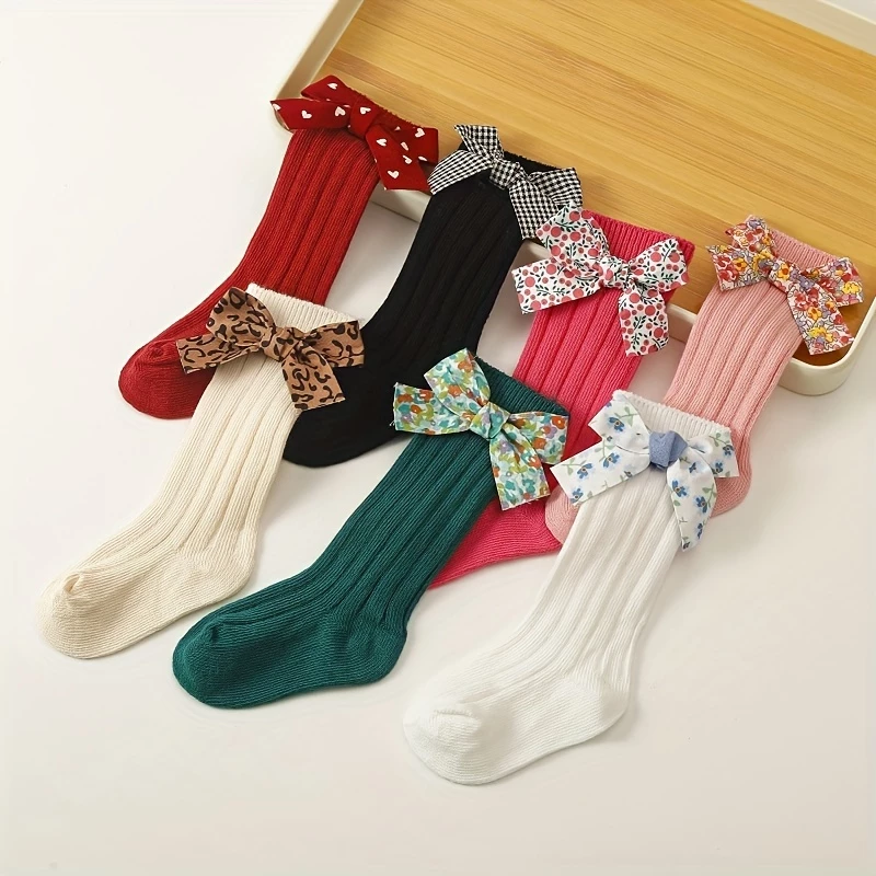 Tất cao đến đầu gối cho bé gái, các loại nơ & trang trí hoa 3D, màu trơn Ruffle Cuff Tất Cotton mềm mại cho bé gái 0-3 tuổi