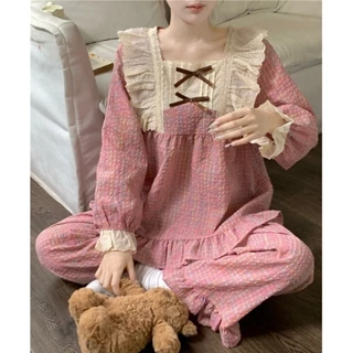 [SẴN] BN118_ Bộ ngủ nữ, bộ đồ pijama  cotton dài tay hồng đậm cổ ren công chúa  | Hàng quảng châu cao cấp