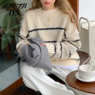 Áo sweater Cổ Tròn Tay Dài Dáng Rộng Mềm Mại Họa Tiết Kẻ Sọc Thời Trang Thu Đông 2024 Cho Nữ