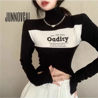 Junnovgal Áo Sweater Cổ Lọ Tay Dài Dáng Ôm In Chữ Phối Màu Tương Phản Thời Trang 2023 Cho Bạn Gái