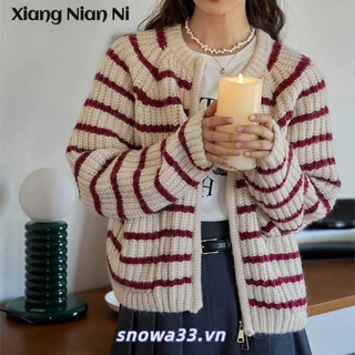 Xiang NIAN NI Pháp lười biếng phong cách cổ tròn mềm mại sáp len sọc retro áo len dành cho nữ mùa thu mỏng dệt kim cardigan