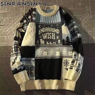 Sinransinya Áo sweater Cổ Tròn Tay Dài Dáng Rộng In Hình Thỏ Phối Màu Tương Phản Thời Trang Đường Phố Mỹ Cho Cặp Đôi