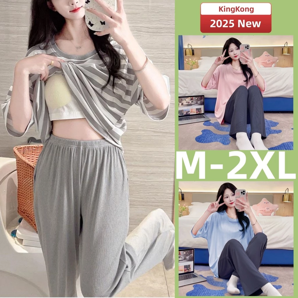 Bộ Đồ Ngủ Có Đệm Bộ Đồ Ngủ Nữ Mùa Hè Nữ Tay Ngắn Quần Đồ Ngủ Người Phụ Nữ Sọc Màu Trơn Ngực Miếng Lót Váy Loungewear Mỏng M-2XL