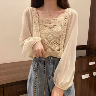 Áo Croptop Vải Voan Tay Dài Cổ Vuông Phong Cách Pháp Thời Trang Cho Nữ