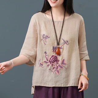 Áo Thun cotton Lanh Dáng Rộng Phong Cách retro Thời Trang Mùa Hè Dành Cho Nữ