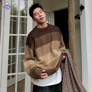 Vunc Áo sweater Tay Dài Dáng Rộng Cổ Tròn Họa Tiết Kẻ Sọc Màu Tương Phản Phong Cách Đường Phố Mỹ Cho Nam