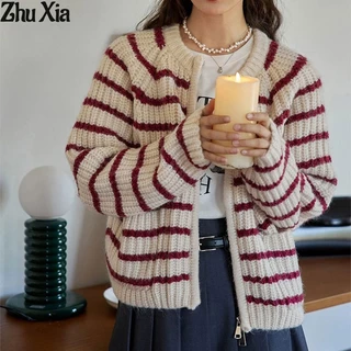 Zhu Xia Áo Khoác cardigan Dệt Kim Mềm Mại Cổ Tròn Họa Tiết Kẻ Sọc Có Khóa Kéo Phong Cách Pháp Thời Trang Mùa Thu Cho Nữ