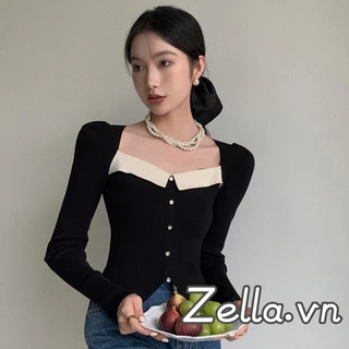 Áo Sweater Dệt Kim Mỏng Cổ Vuông Tay Dài Xẻ Tà Màu Sắc Tương Phản Kiểu Pháp Thời Trang Xuân Thu Cho Nữ