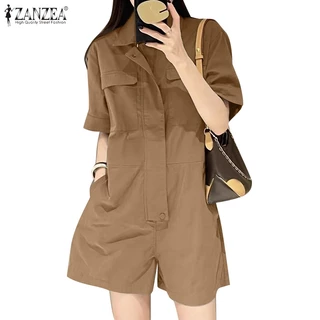 Zanzea Nữ Hàn Quốc Hàng Ngày Ve Áo Tay Ngắn Dây Kéo Túi Jumpsuit