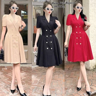 Thời Trang Én Nhỏ Có Bigsize - Đầm Váy Bigsize Nữ Đính Nút Xếp Ly Vải Linen Cao Cấp Dự Tiệc Cổ Vest Tay Ngắn 40-95kg