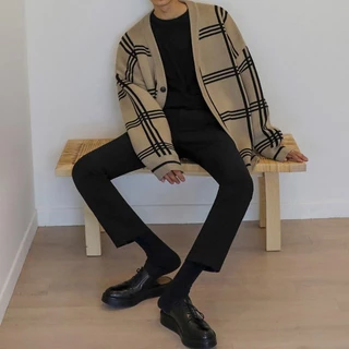 Áo khoác Cardigan unisex The Blackcopz K01 họa tiết kẻ len lông thỏ thu đông Hàn Quốc