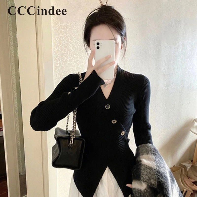 Cccindee Áo Sweater Tay Dài Cổ Chữ v Màu Trơn Dáng Ôm Thời Trang 2023 Dành Cho Nữ