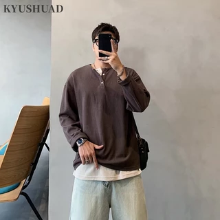 Kyushuad Áo sweater Dệt Kim Giả Hai Lớp Dáng Rộng Màu Trơn Đơn Giản Phong Cách retro Mỹ Nhật Bản Dành Cho Nam