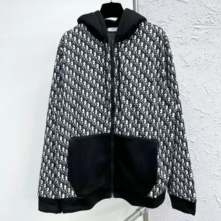 Áo khoác hoodie zip nam nữ CD nỉ Umi dệt vân chữ thổ cẩm monogram phối túi mũ đen khoá zip cao cấp HZ16P