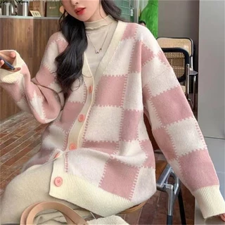 Áo Khoác cardigan Dệt Kim Dài Tay Form Rộng Cổ Chữ v Họa Tiết Ca Rô Phong Cách Hàn Quốc Dành Cho Nữ